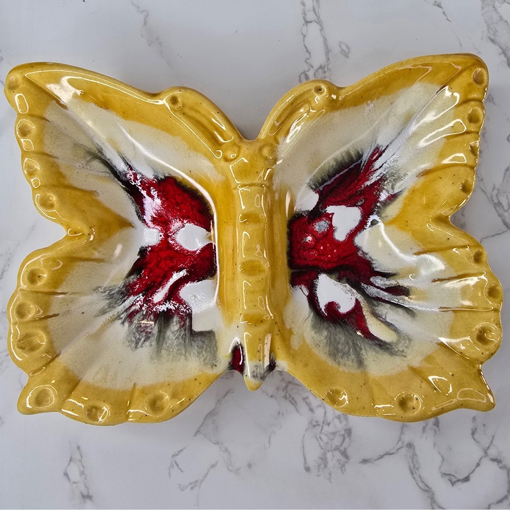 Vintage Calif Pottery Butterfly Ashtray USA Yellow Red Drip Glaze MCM Dish READ
